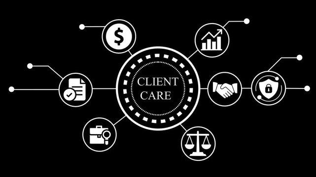 Business client care concept with icons of finance, growth, partnership, security, law, research and documentation on black background