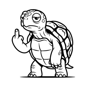 A cartoon turtle with a disgruntled expression gives the middle finger in a playful yet rebellious gesture. vector illustration