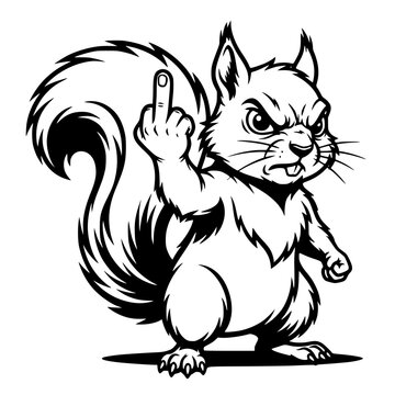 An angry squirrel with a fluffy tail stands on its hind legs, raising its middle finger in a defiant gesture against a stark background. vector illustration