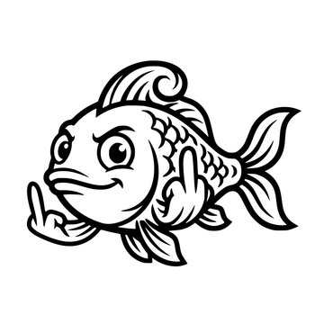 A cartoon fish with a defiant expression gives the middle finger. vector illustration