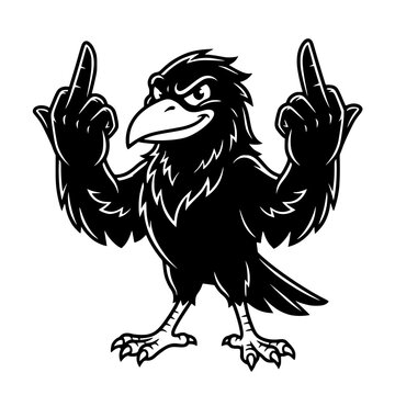 A cartoon raven stands with its wings spread, giving the middle finger with both hands, conveying an attitude of defiance and rebellion. vector illustration