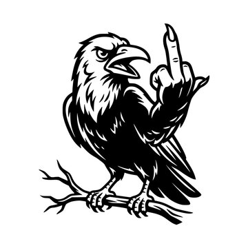 Angry crow giving the middle finger, sitting on a branch. Aggressive bird symbol of defiance and rebellion. vector illustration