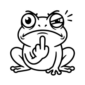 A cartoon frog with an angry expression gives the middle finger, its eyes wide and one winking, conveying defiance and attitude in a simple line drawing. vector illustration