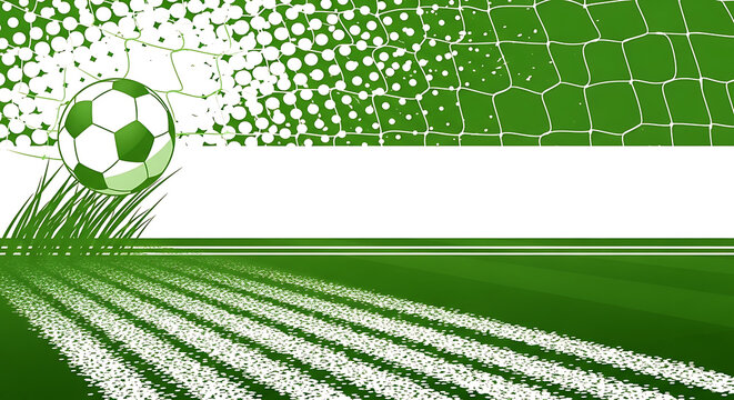 Stylized soccer ball and goal net on green textured background with copy space sports graphic field lines grass texture stylized football template abstract creative illustration marketing