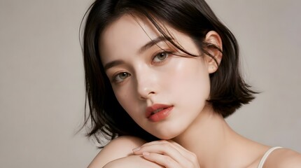 Naklejka premium Young Woman Studio Beauty Portrait Natural Makeup Subtle Gaze
