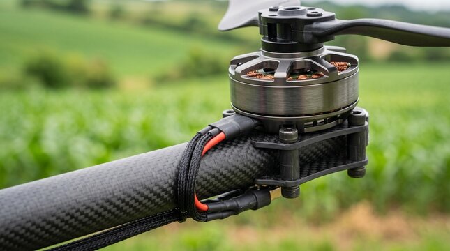 A brushless motor and propeller are mounted on a carbon fiber drone arm against a blurred green field, agricultural drone, modern farming, aerial technology.