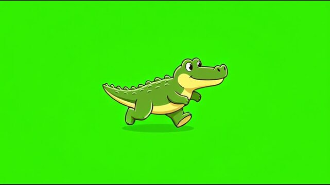 Cute cartoon crocodile running on a green screen background