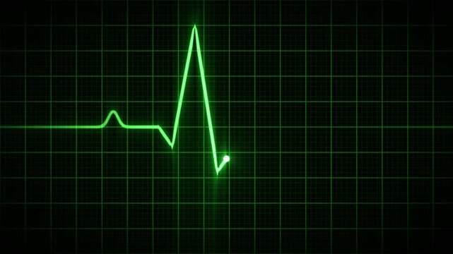Green glowing ECG heart rate monitor pulse line loop on grid background