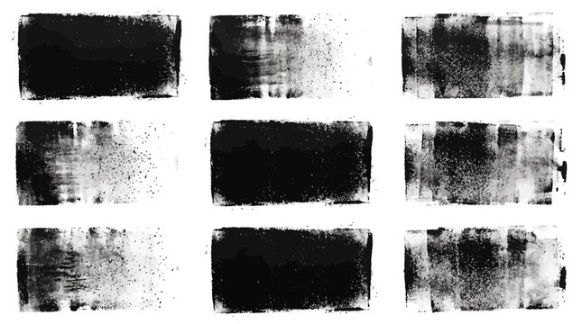 A versatile collection of nine unique black distressed texture brush strokes, designed to mimic authentic paint roller effects for graphic design projects and artistic compositions