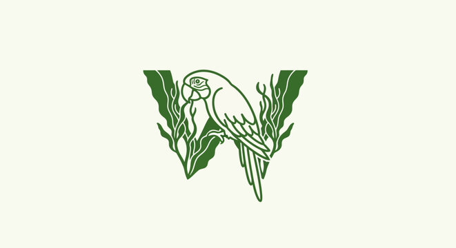 Green parrot perched on stylized letter W design.