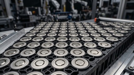 Naklejka premium Black tray filled with cylindrical lithium-ion battery cells moving on a conveyor belt in an automated factory, electric vehicle production, modern energy industry.