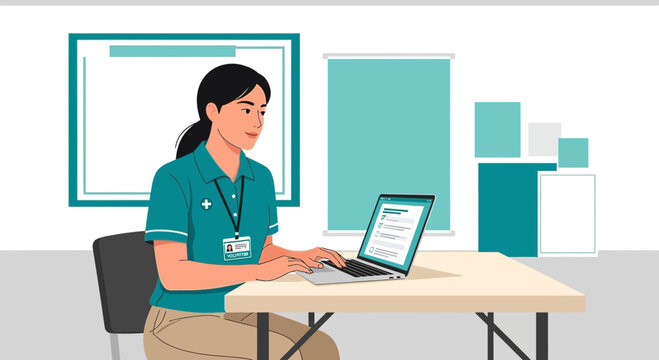 Healthcare worker using laptop at desk, medical office setting, patient observation and data entry