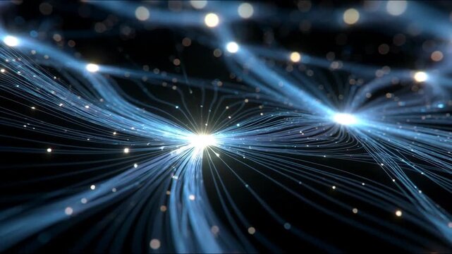 Abstract scene of radiant light streaks in digital style on dark background, concept of data flow and connectivity