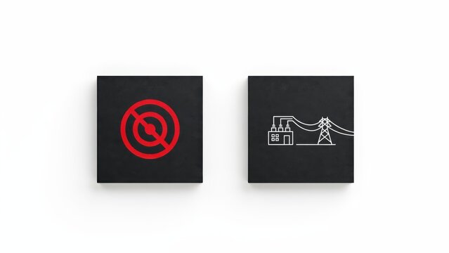 Two black squares display a red circle symbol and a white power line illustration.