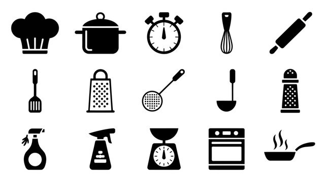 Set of sixteen black kitchen icons including chef hat, timer, whisk, and cooking tools