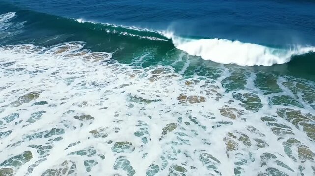 Powerful ocean wave crashing with white foam under a clear blue sky