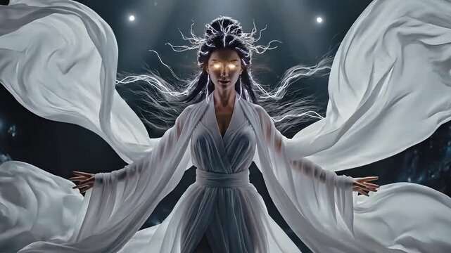 Mystical woman with glowing eyes and flowing white fabric, radiating ethereal energy.