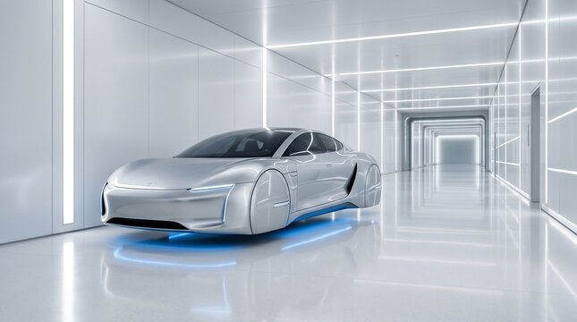 A sleek silver futuristic flying car hovering above the floor in a bright minimalist white corridor illuminated by neon lights, advanced transportation concept, sci-fi mobility.