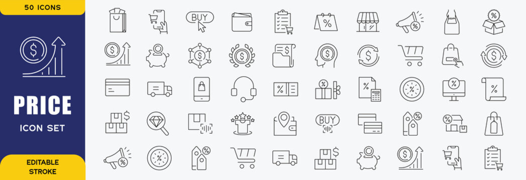 Price line icon set. Includes cost, transfer, payment, price range and more. Editable stroke. Vector illustration.