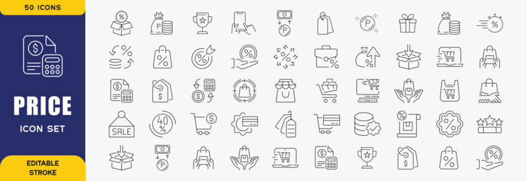 Price line icon set. Includes cost, transfer, payment, price range and more. Editable stroke. Vector illustration.
