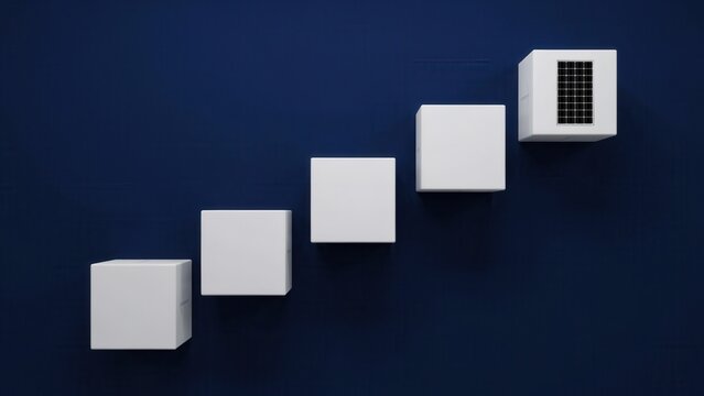 Five white cubes are arranged in ascending order on a dark blue background