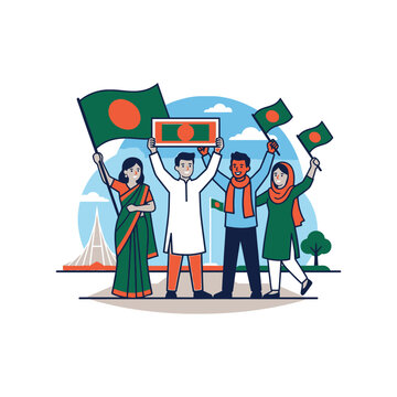 People celebrating Bangladesh Independence Day with national flags.