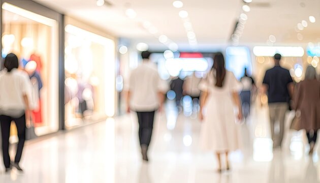 Blurred image of people walking inside a bright shopping mall with storefronts.