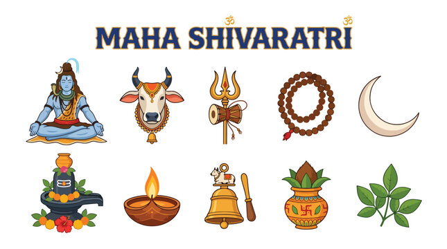 Maha shivaratri sacred symbols and spiritual elements collection