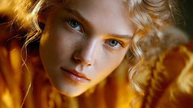 Junge Frau mit blonden Locken und gr&uuml;nen Augen in warmer goldener Beleuchtung