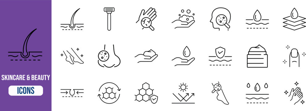 Skincare beauty dermatology vector icons. razor icon set, cream icon set, hair icon set