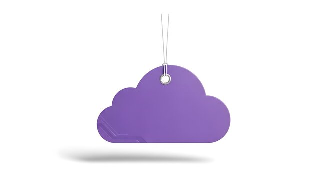 Purple cloud shaped price tag with circuit board pattern detail hanging on white string over plain background for high tech retail sale promotions.