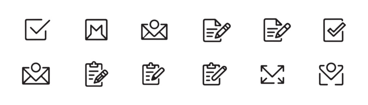 Collection of simple line icons including checkmarks envelopes documents and edit symbols.