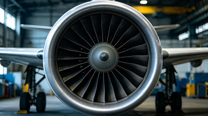 Fototapeta premium propulsion. Jet engine front fan with curved blades forming a vortex, metallic sheen. safety posters, maintenance manuals, designed for industrial assembly lines and welding operations.