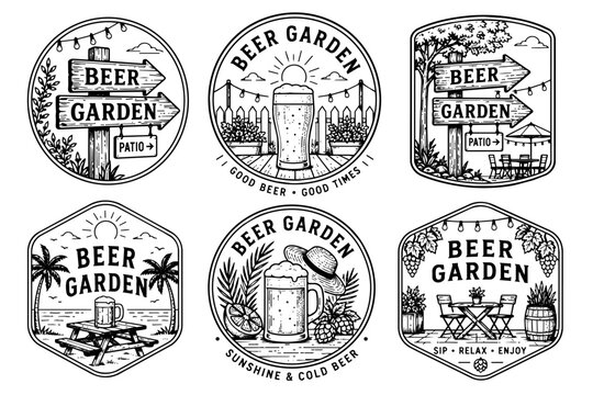Beer garden vector illustration badges in black and white sketchy vintage hand-drawn style
