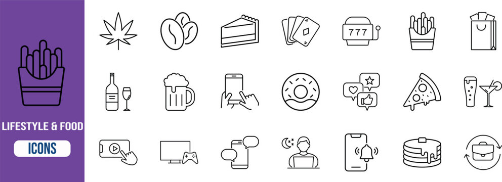 Lifestyle and food icons. french fries icon set, coffee beans icon set, slot machine icon set