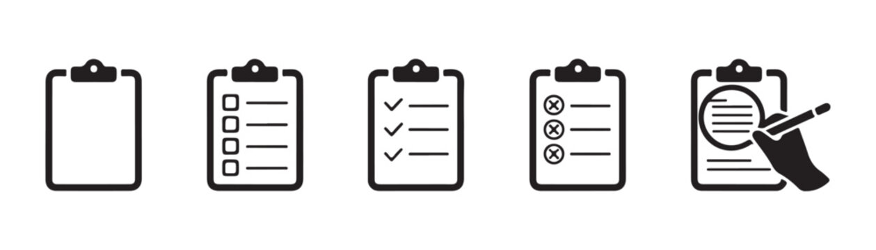 Clipboard icons showing empty list with checkboxes task completed rejected and magnifying glass isolated on transparent.