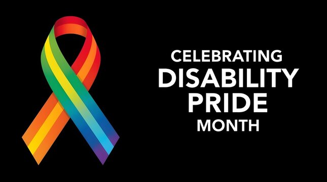 Rainbow ribbon on dark background, celebrating disability pride month 2026, representing support, inclusivity, and awareness for the community