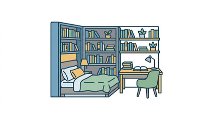 Cozy bedroom with bookshelves and a study desk. © Xutla