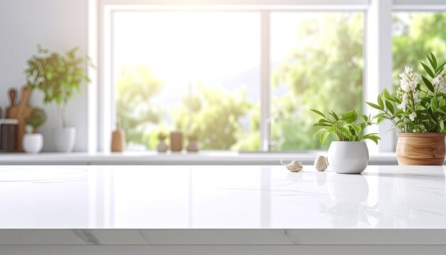 Bright Kitchen Countertop with Plants and Window View.
