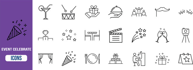 Naklejka premium Celebration event vector line icons. cocktail icon set, drum icon set, gift icon set