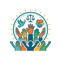 Fototapeta premium Many hands raised with peace and justice symbols.