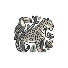 Obraz premium Spotted jaguar with toucan and butterfly in tropical foliage.
