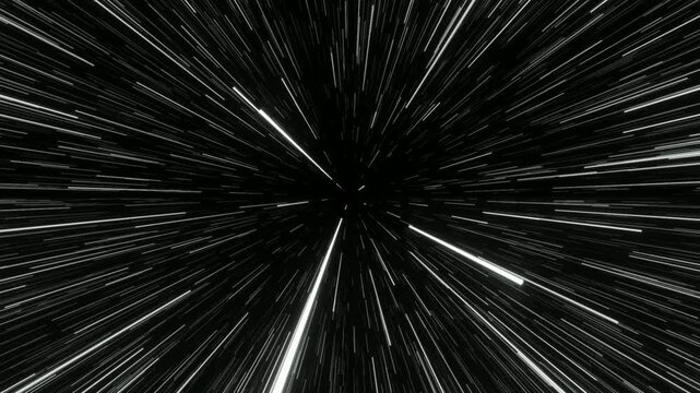 Abstract black background with fast white light line motion simulating star warp speed space travel