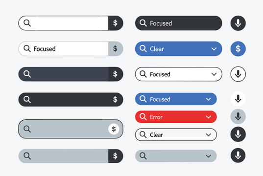 Comprehensive collection of user interface search bar components in various colors and states such as focused, clear, and error for web design.