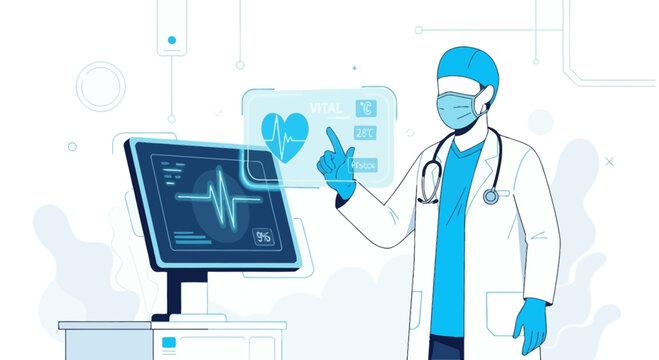 Doctor uses futuristic interface for vital monitoring and patient observation