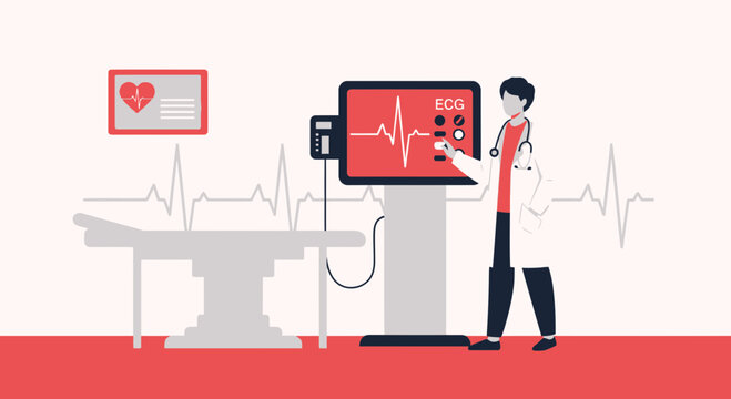 Doctor using ECG machine in hospital room with patient bed and vital signs monitor