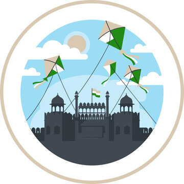 Round emblem with kites over the Red Fort monument.