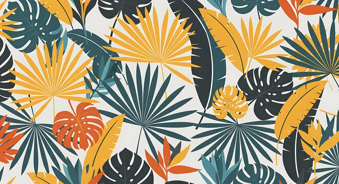 Tropical jungle leaf pattern with yellow orange and dark green foliage tropical botanical wallpaper background illustration