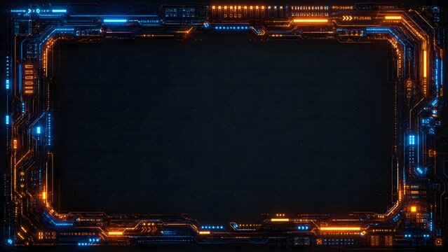 High quality illustration of a sci fi frame border showcasing bright orange and blue indicators. This futuristic screen overlay is perfect for stream layouts and game UI designs.