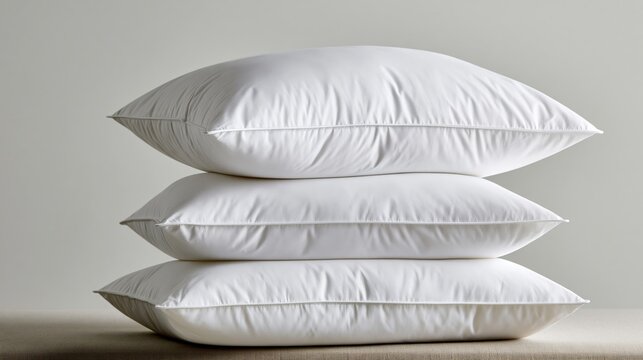 Stack of soft white pillows isolated on a neutral background, representing bedroom comfort, sleep quality, relaxation, bedding products